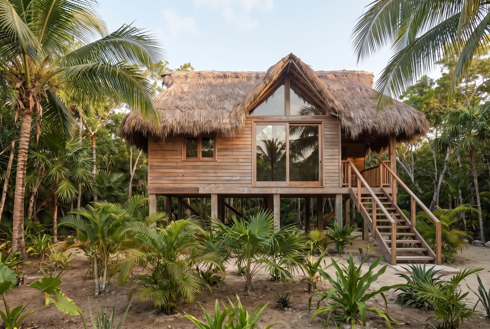 Elevated timber house with a thatched roof, glazed gable, front stairs and tropical planting.