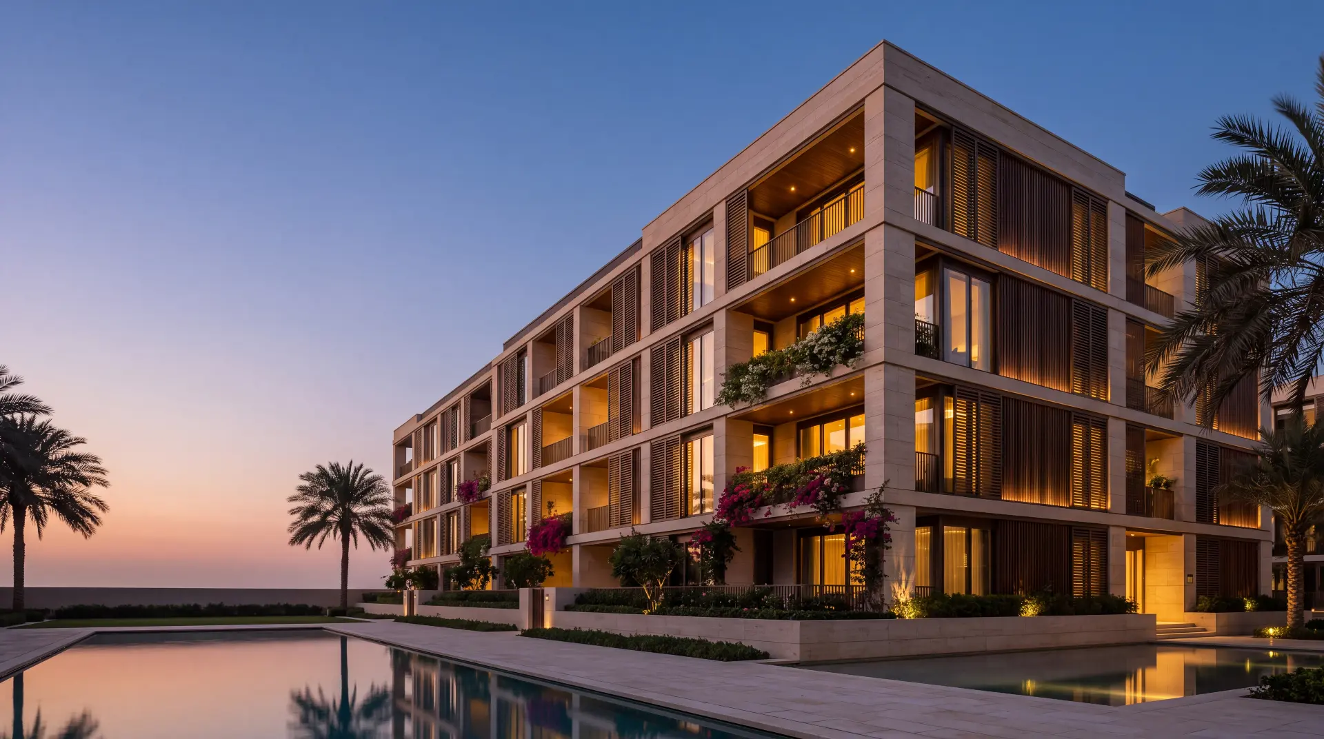 Premium low-rise residential development in Dubai at dusk, warm interior light above a still pool