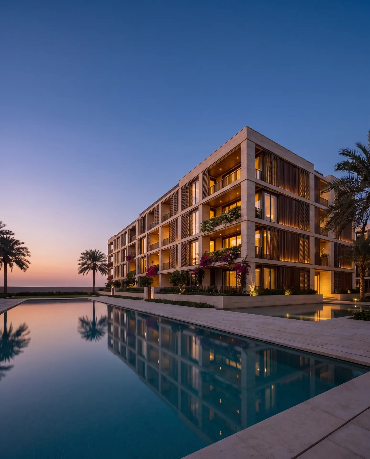 Vertical dusk view of the same Dubai residential development, roofline to entrance