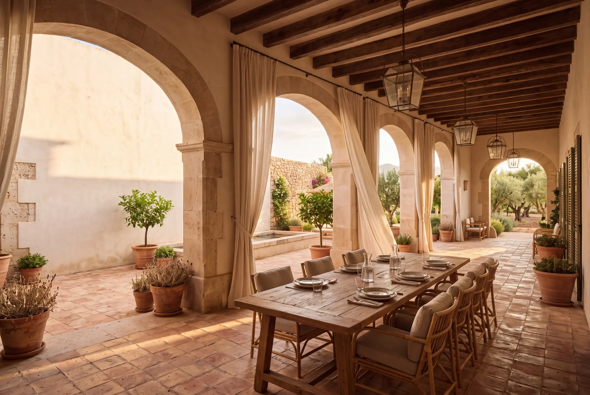 Arched loggia of a Mallorcan finca hotel set for a meal in warm daylight
